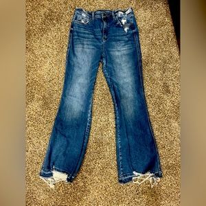 High Rise flare bootcut jeans : distressed at bottoms